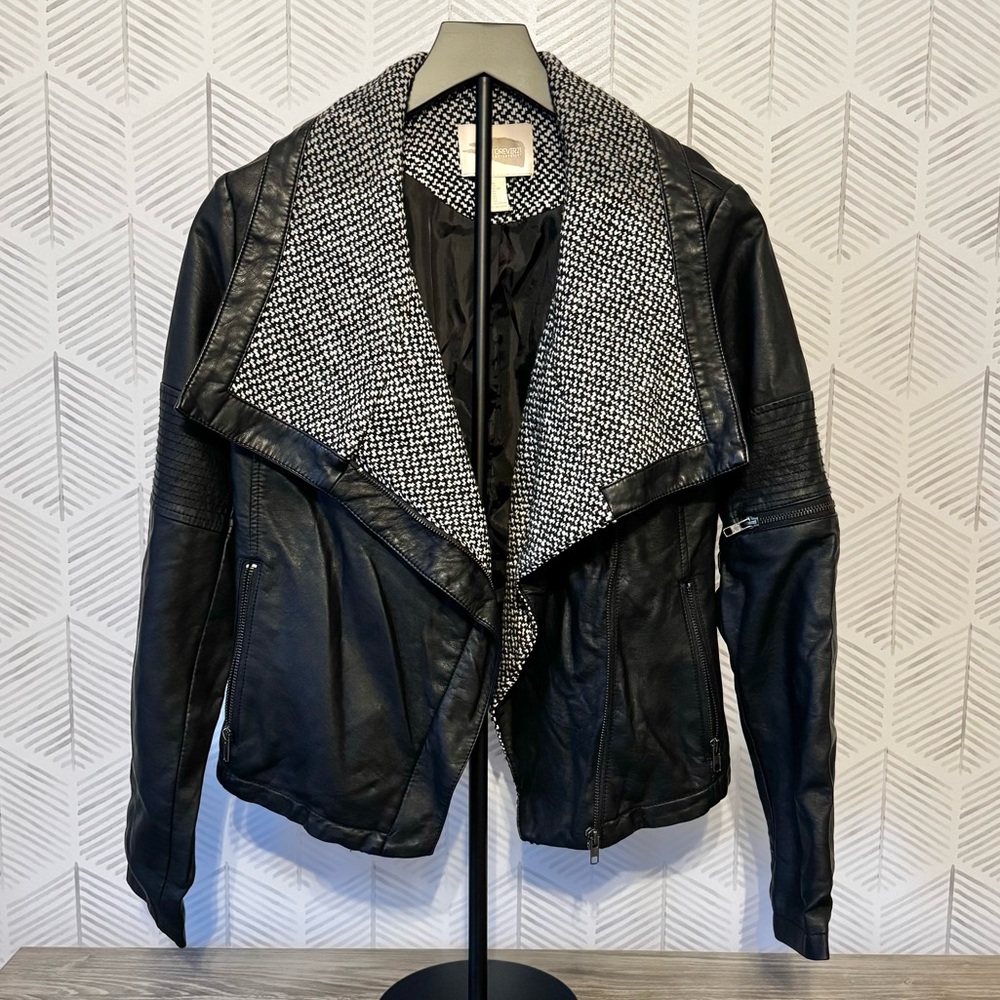 Forever 21 Faux Leather Asymmetrical Jacket with Houndstooth Collar - NWOT